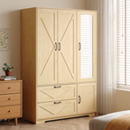4 Doors Wardrobe Closet with Mirror, LED Wardrobe with Doors