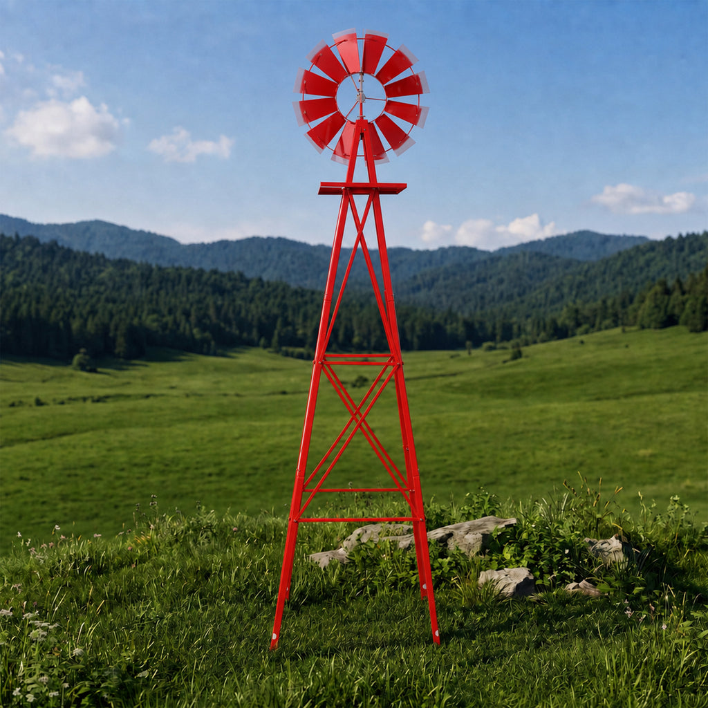 8FT Decorative Garden Windmill, Heavy Duty Metal Yard Ornament with 4 Leg Frame