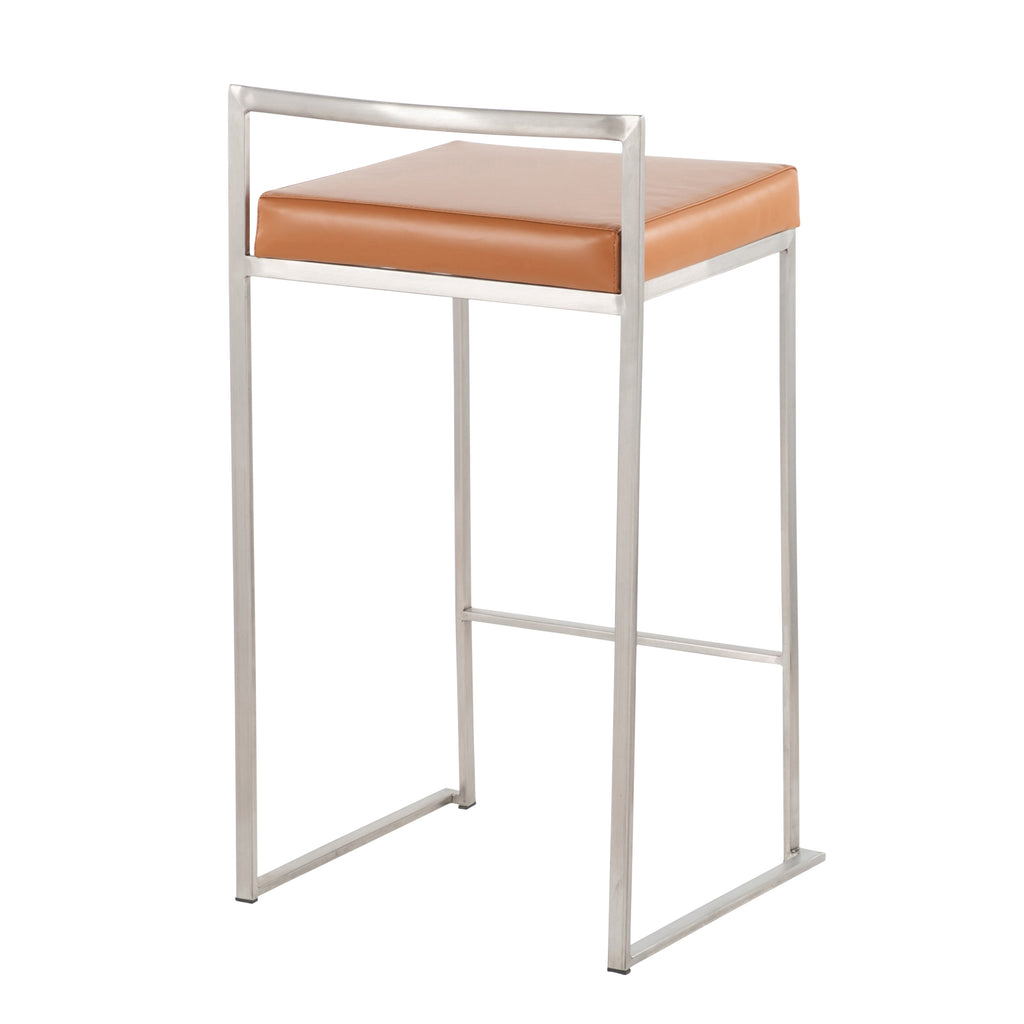 Contemporary Stackable Counter Stool in Stainless Steel with Camel Faux Leather Cushion - Set of 2