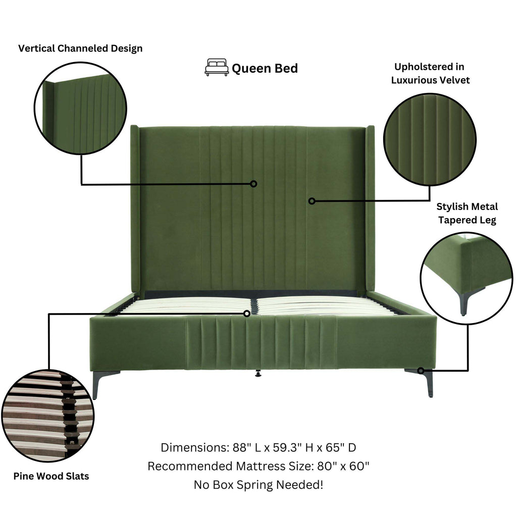 Promenade Upholstered Velvet Queen Bed in Moss