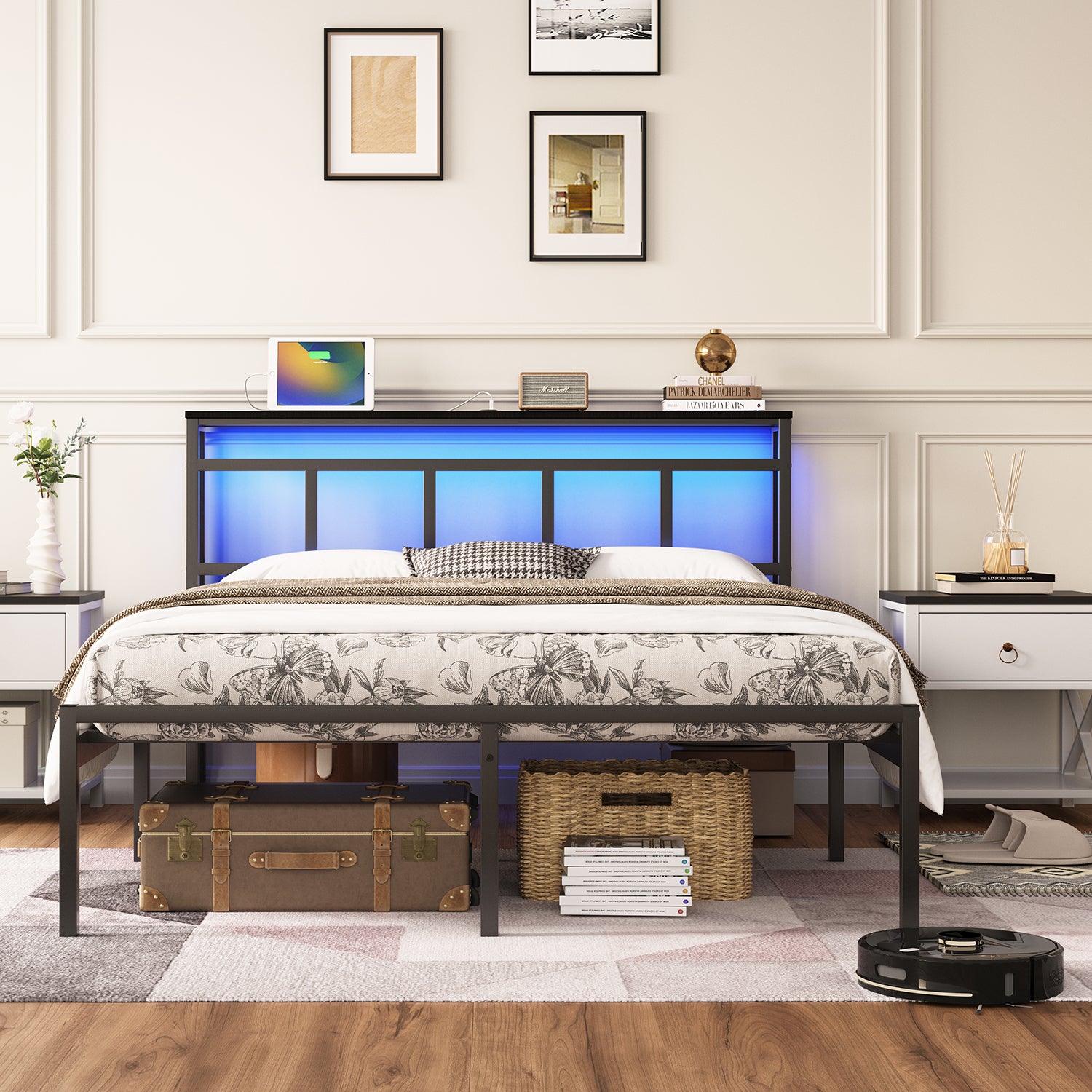 14 Inch Twin Bed Frame with Storage Headboard, Metal Platform Bed Frame with USB-C,Type-C and LED Light