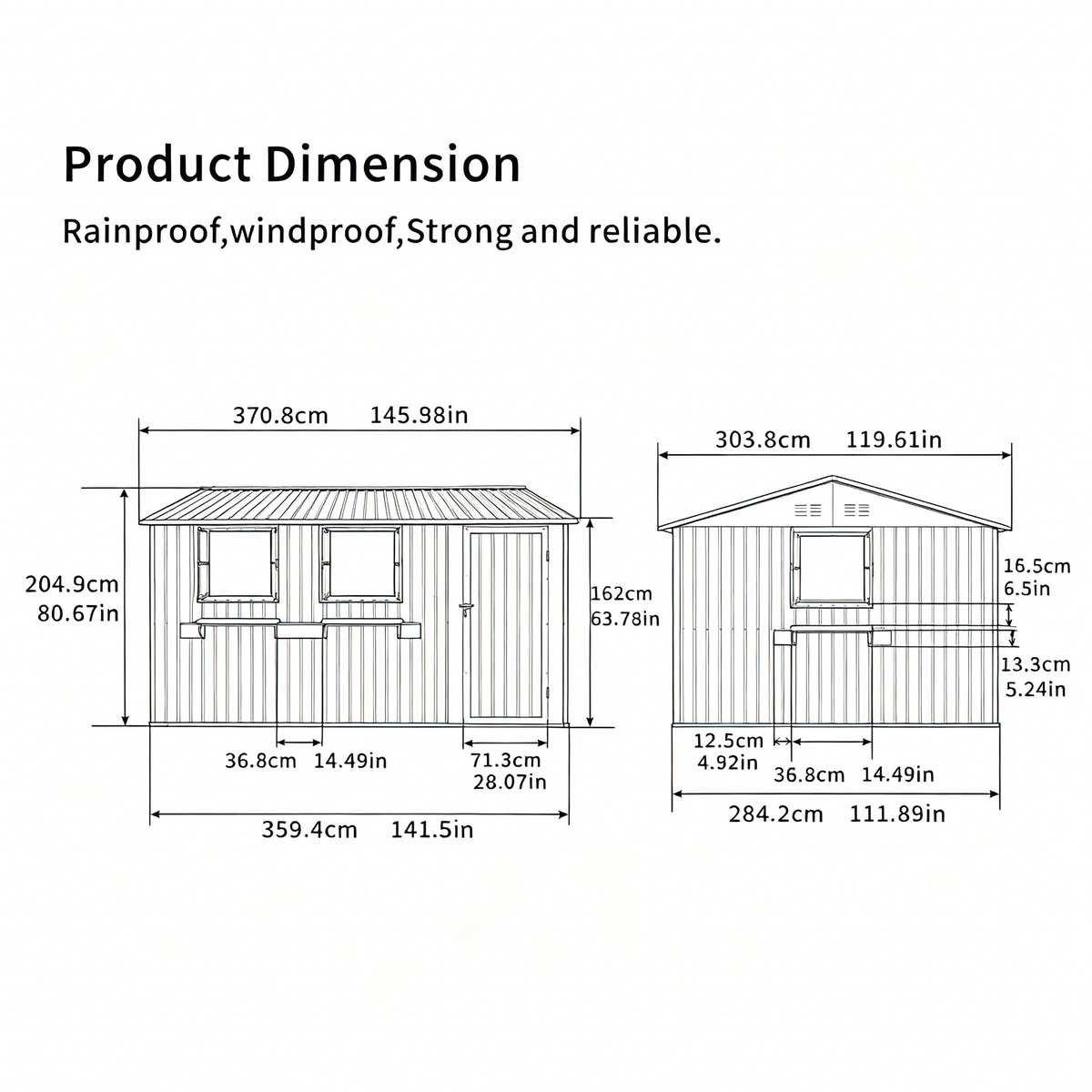 12x10 FT Outdoor Metal Storage Shed, Grey and Black, with 3 Windows and Flower Rack