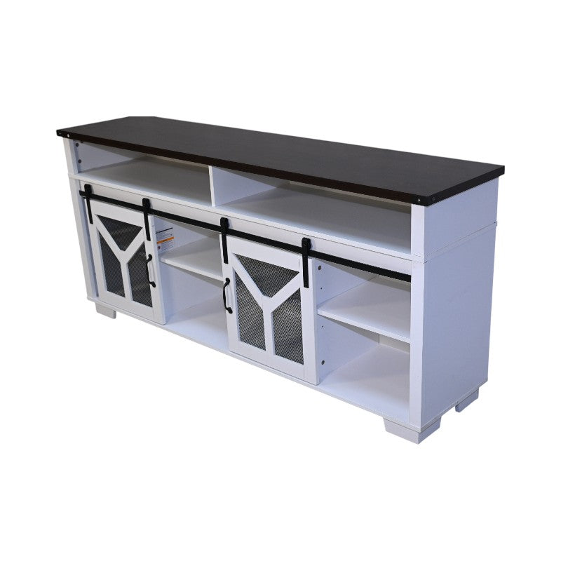 65.3" TV Stand with LED Light Strips and Iron Mesh Barn Door