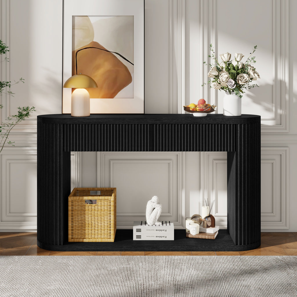 TREXM Oval Fluted Console Table with 2 Drawers and Bottom Shelf