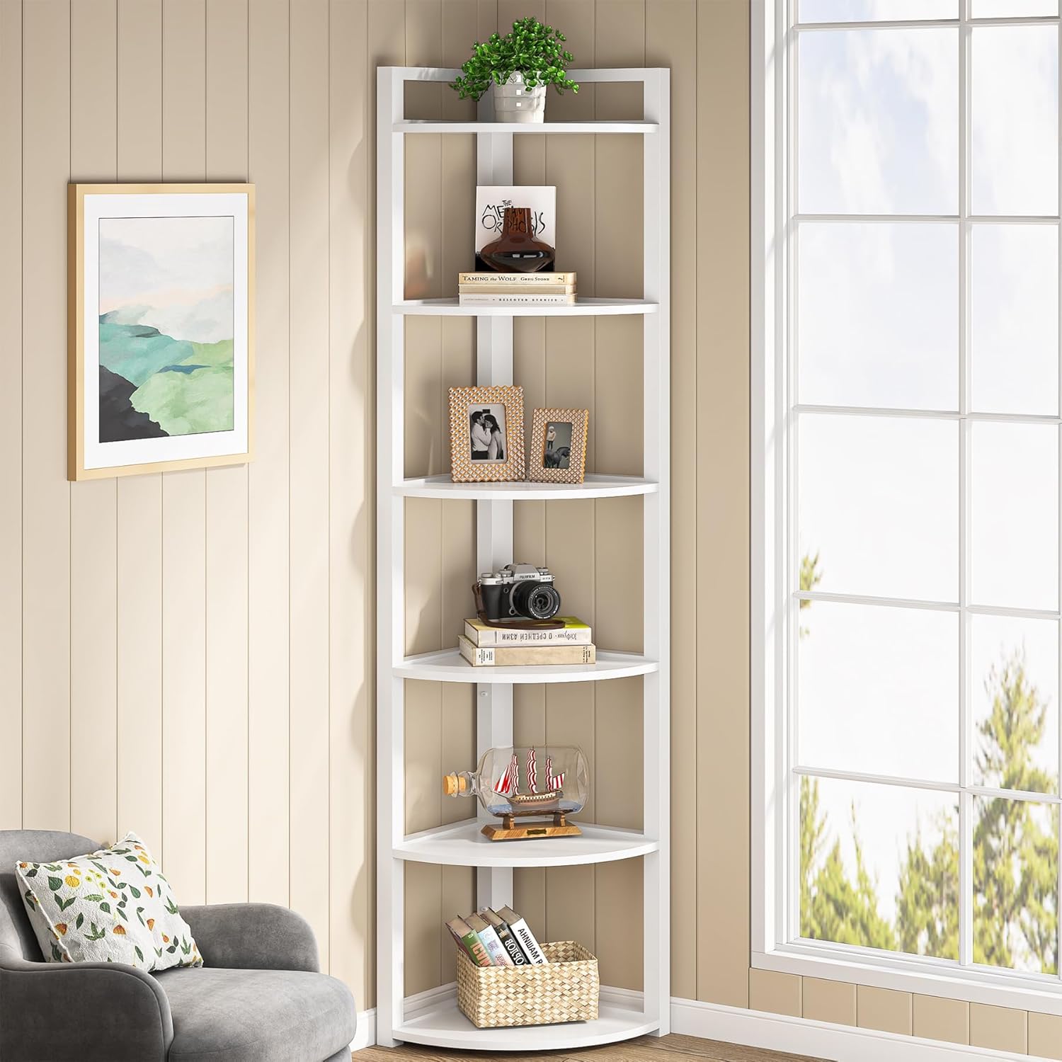 70.87" Tall 6-Tier Rustic Corner Bookshelf