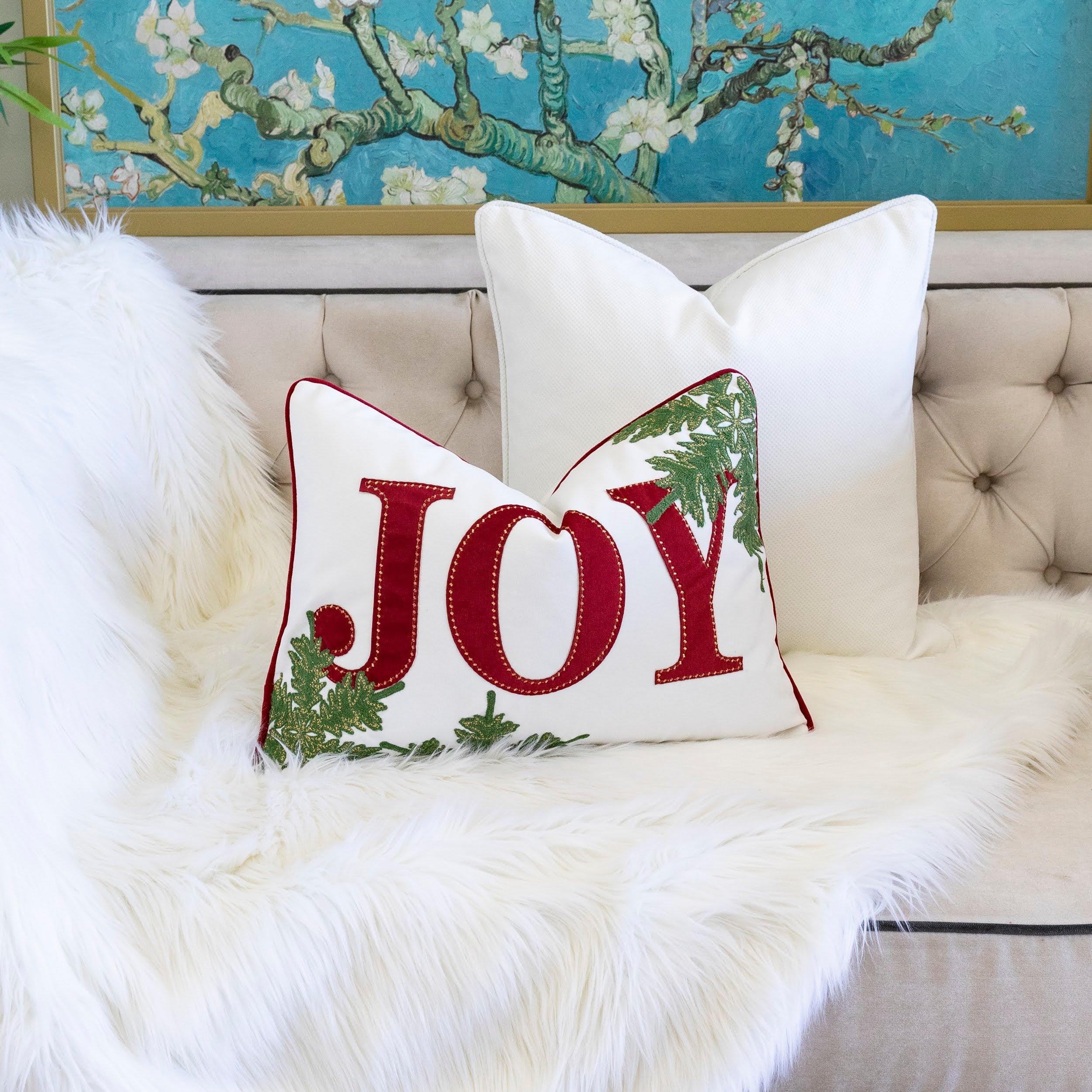 JOY Embroidered Christmas Throw Pillow