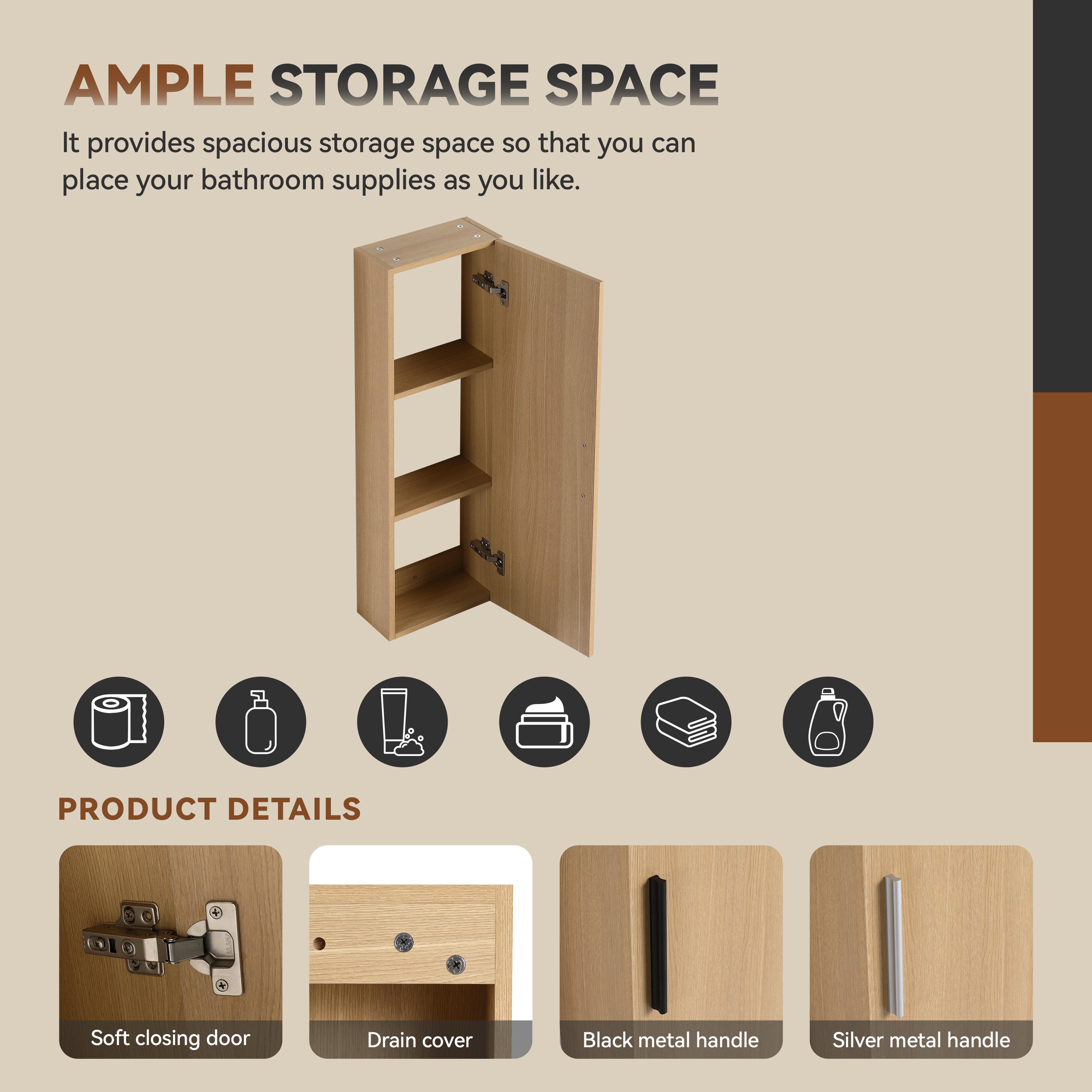 12" Tall Floating Bathroom Side Cabinet, Light Oak