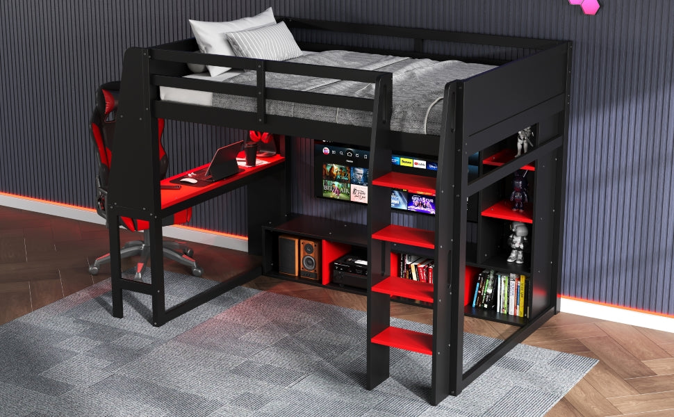 Wood Full Size Gaming Loft Bed with Desk, Multi-storage Shelves, LED and a Hanging Clothes Rack