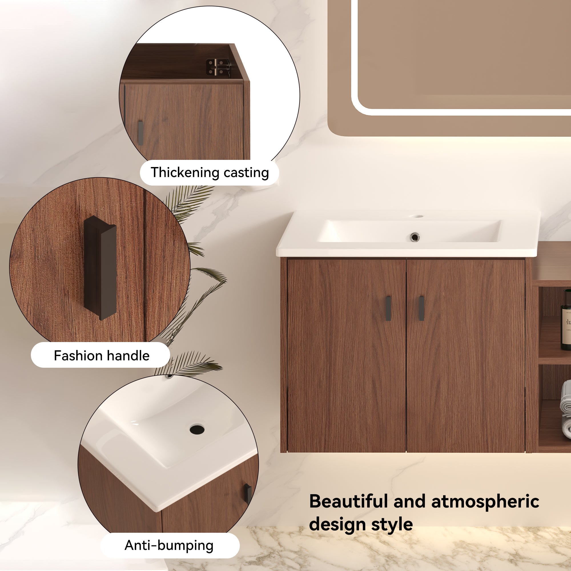 60in Reddish Brown Bathroom Vanity with Soft Close Doors