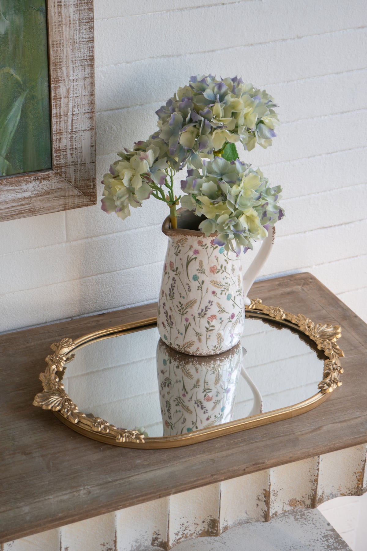 Decorative Mirror Tray with Gold Iron Frame and Floral Accents, 22.7-Inch
