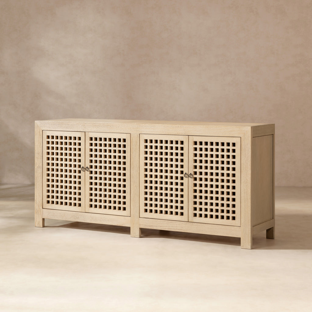 Alden 34-Inch Tall Reclaimed Pine Lattice 4-Door Cabinet, Brushed White
