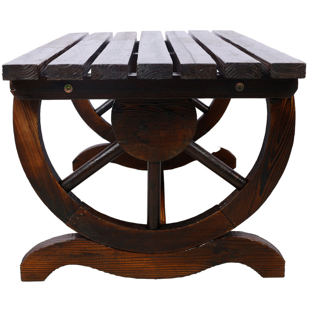 Outdoor Rustic Wooden Bench with Wagon Wheel Legs