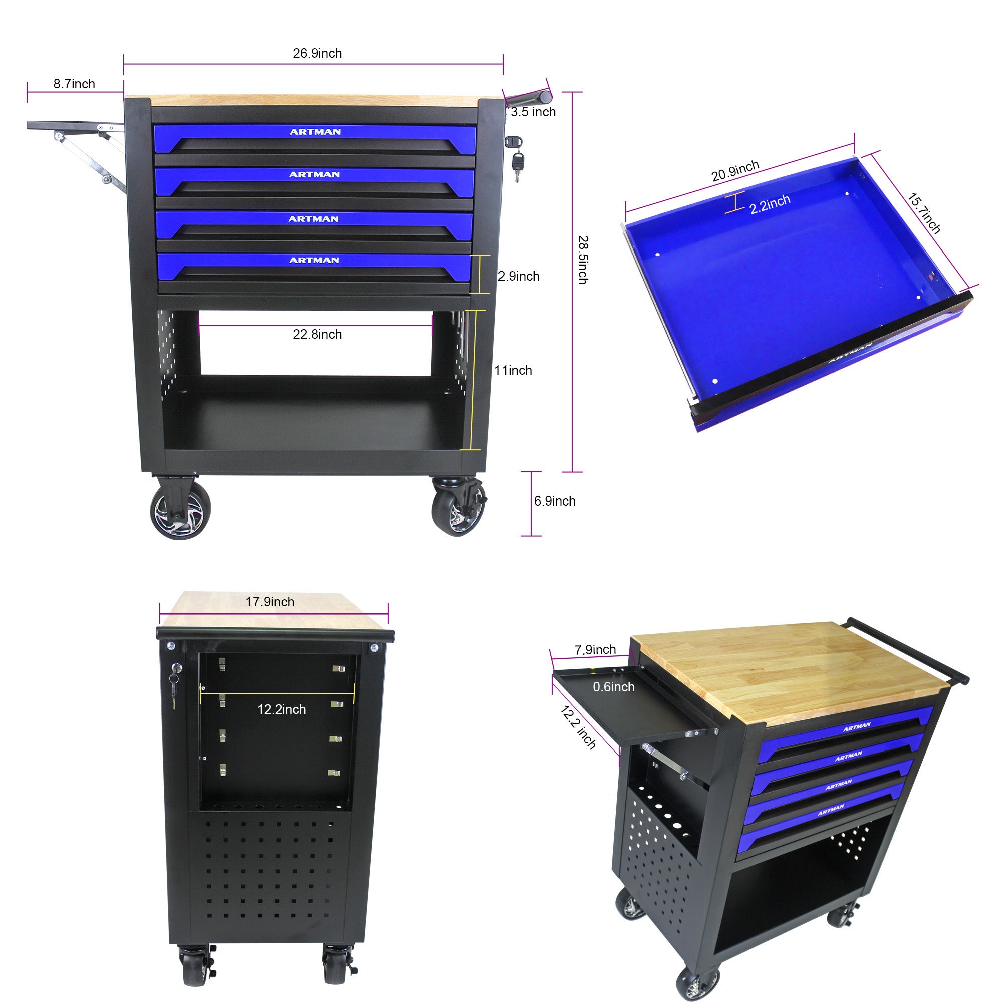 4 Drawers Multifunctional Tool Cart With Wheels