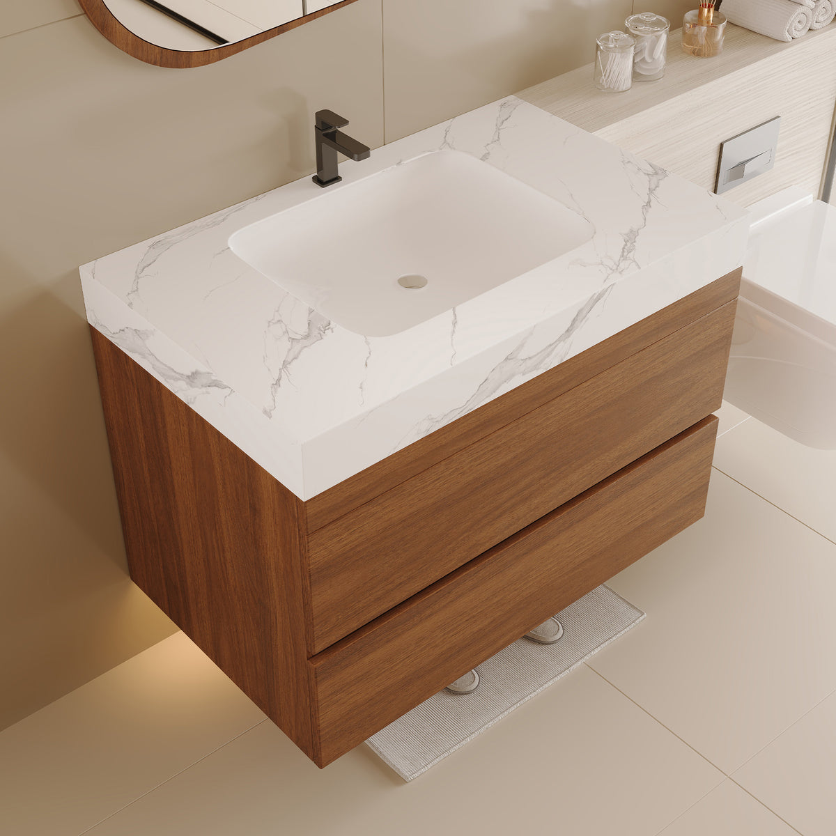 29.9" Modern Floating Bathroom Vanity with Faux Marble Top