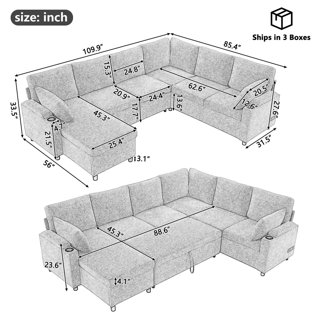 109.9" U-Shaped Sectional Sofa Bed with Storage