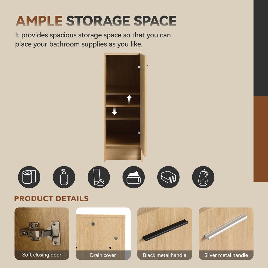 12" Slim Freestanding Bathroom Storage Cabinet, Light