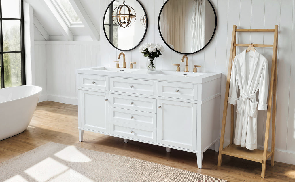 [Video] 59.1" Modern Bathroom Vanity with Resin Sink, Cabinet with 3 Drawers and 2 Doors, Adjustable Shelf, Door-Mounted Storage Rack, Soft-Close Mechanism, Freestanding