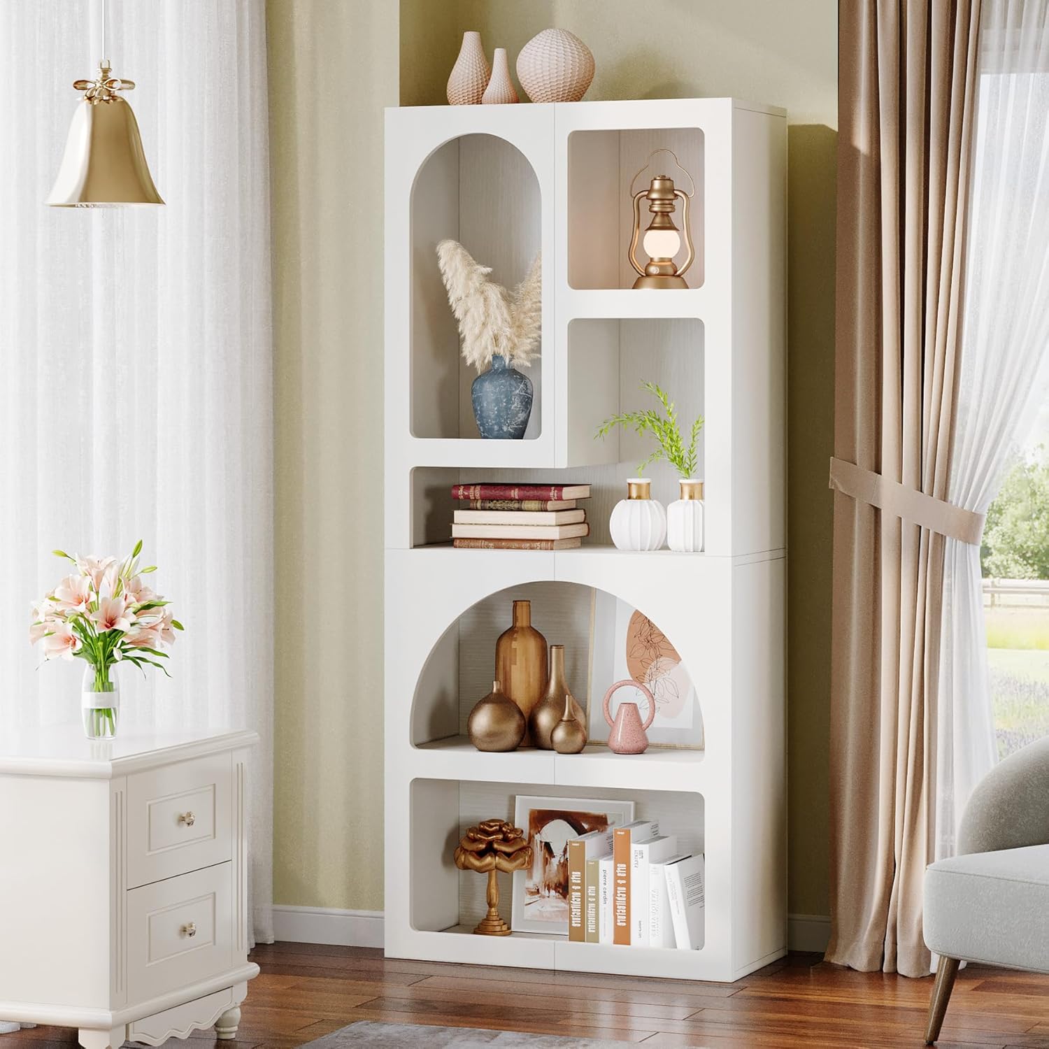 70.87” Tall White Geometric Arched 5-Shelf Art Display Bookcase