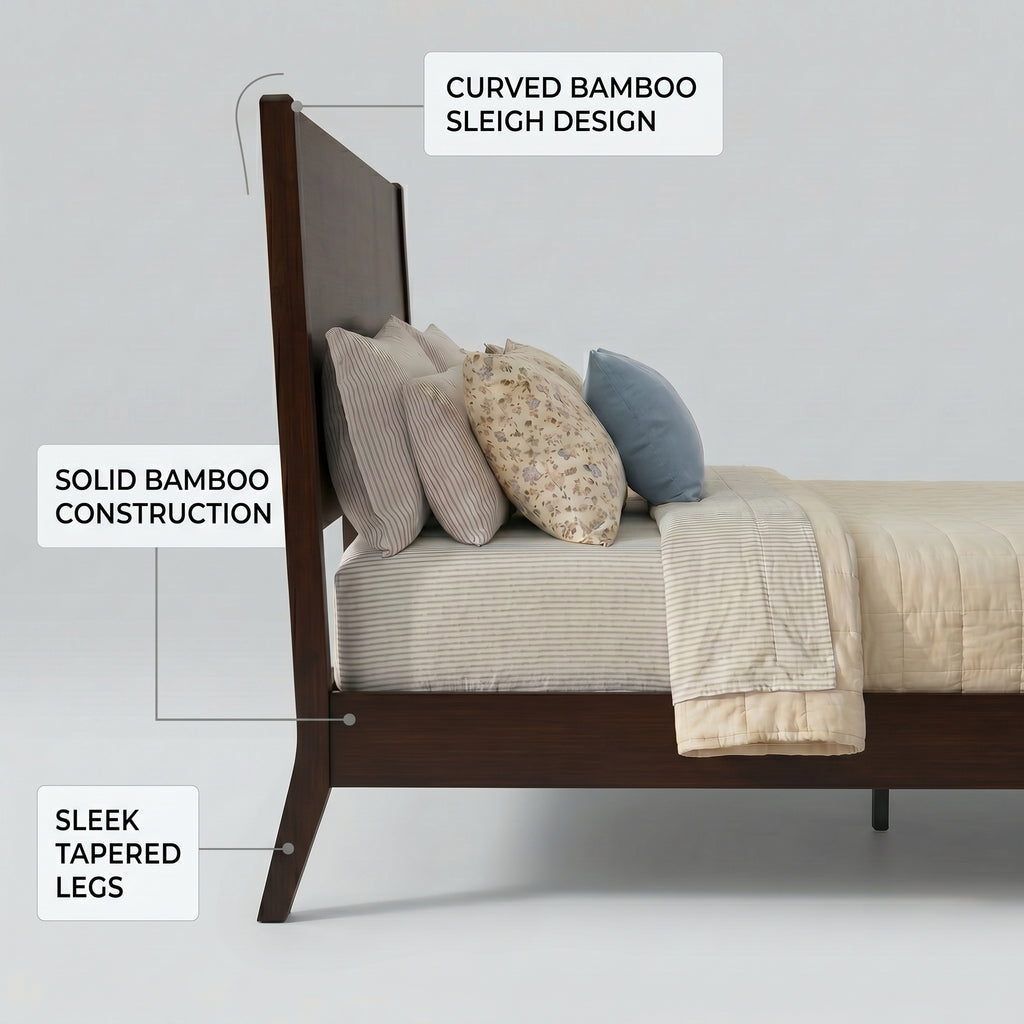 Mid-Century Danish Modern Style Solid Bamboo Wood Sleigh Platform Bed Frame