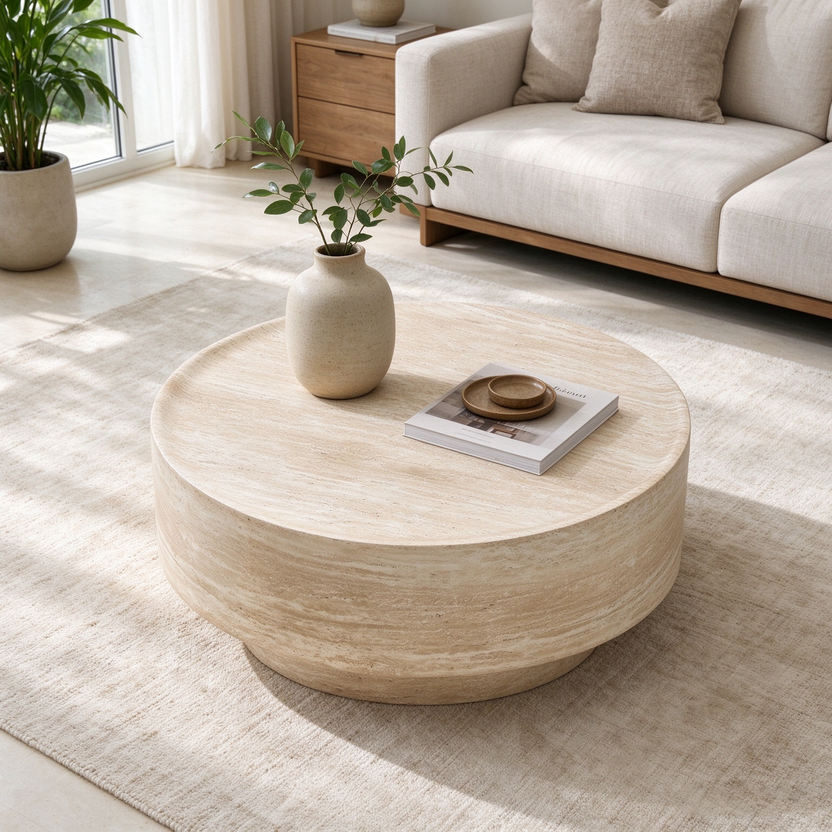 Round Travertine-Look Coffee Table, 31.5-Inch, Beige Yellow Fiberglass