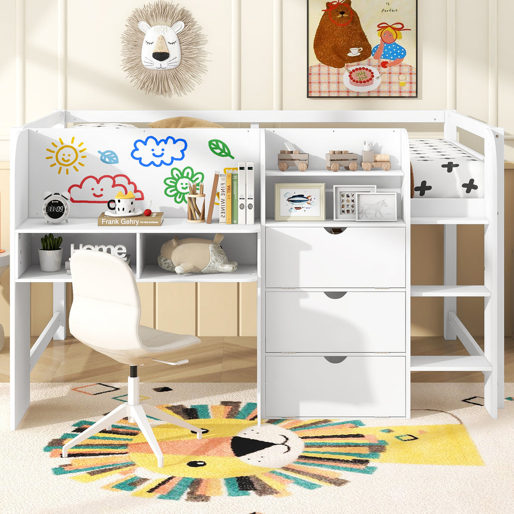 Full Size Low Loft Bed with Built-in Desk, Storage Cabinets and Open Bookcase