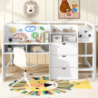 Full Size Low Loft Bed with Built-in Desk, Storage Cabinets and Open Bookcase
