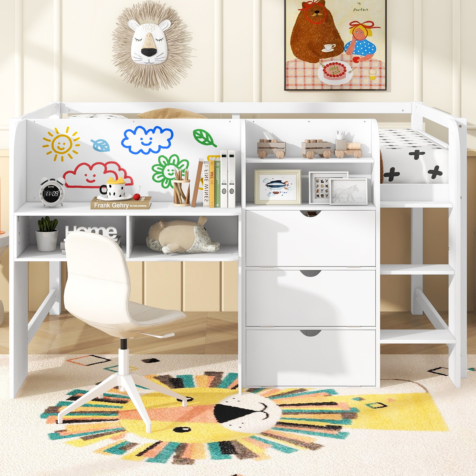 Full Size Low Loft Bed with Built-in Desk, Storage Cabinets and Open Bookcase