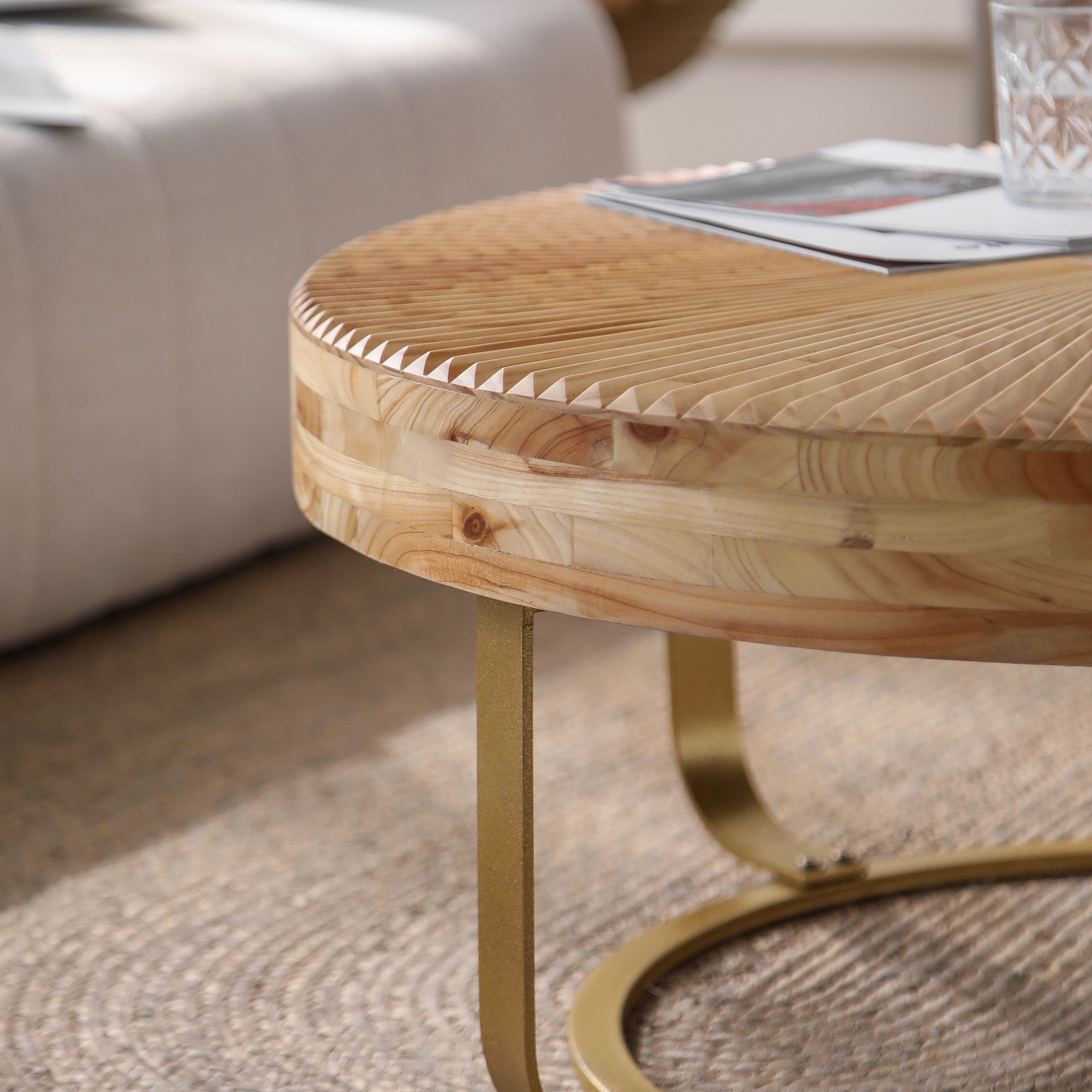 Modern Round Coffee Table with Wooden Carving Pattern