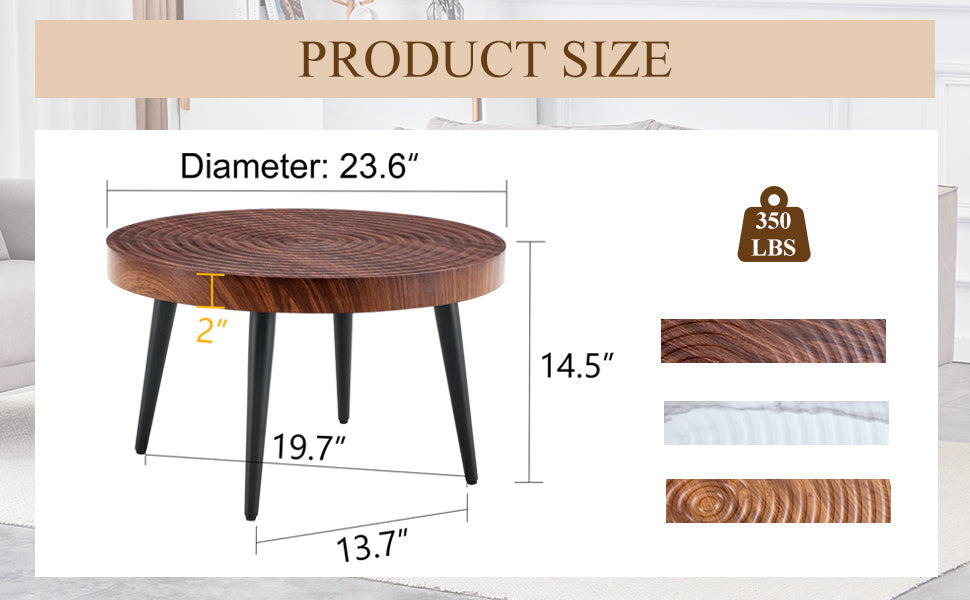 Modern Round Coffee Table - Walnut Pattern MDF And Black Metal Legs