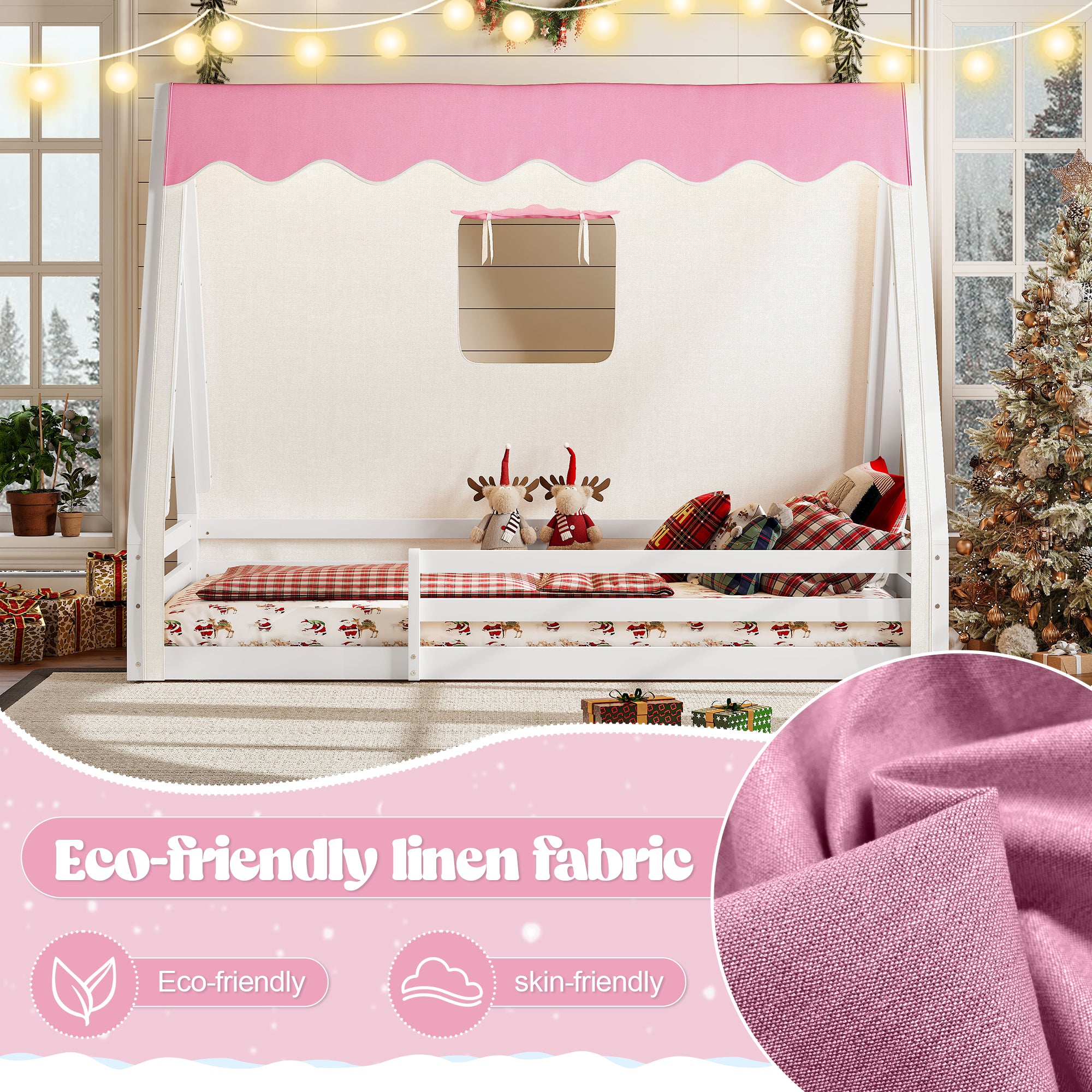 Twin Size House Floor Bed with Tent and Light