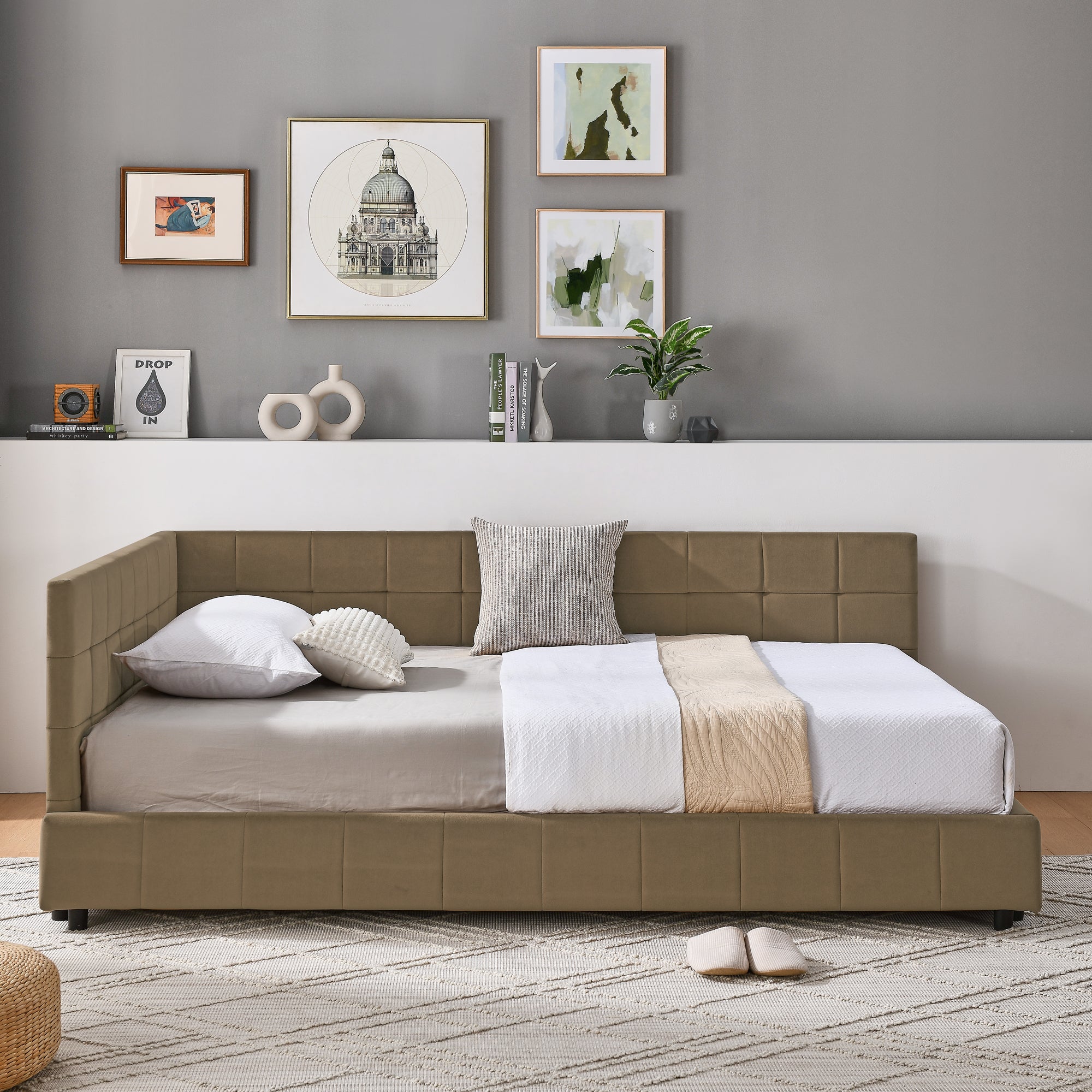 Full Size Upholstered Tufted Bed Frame in Brown Velvet