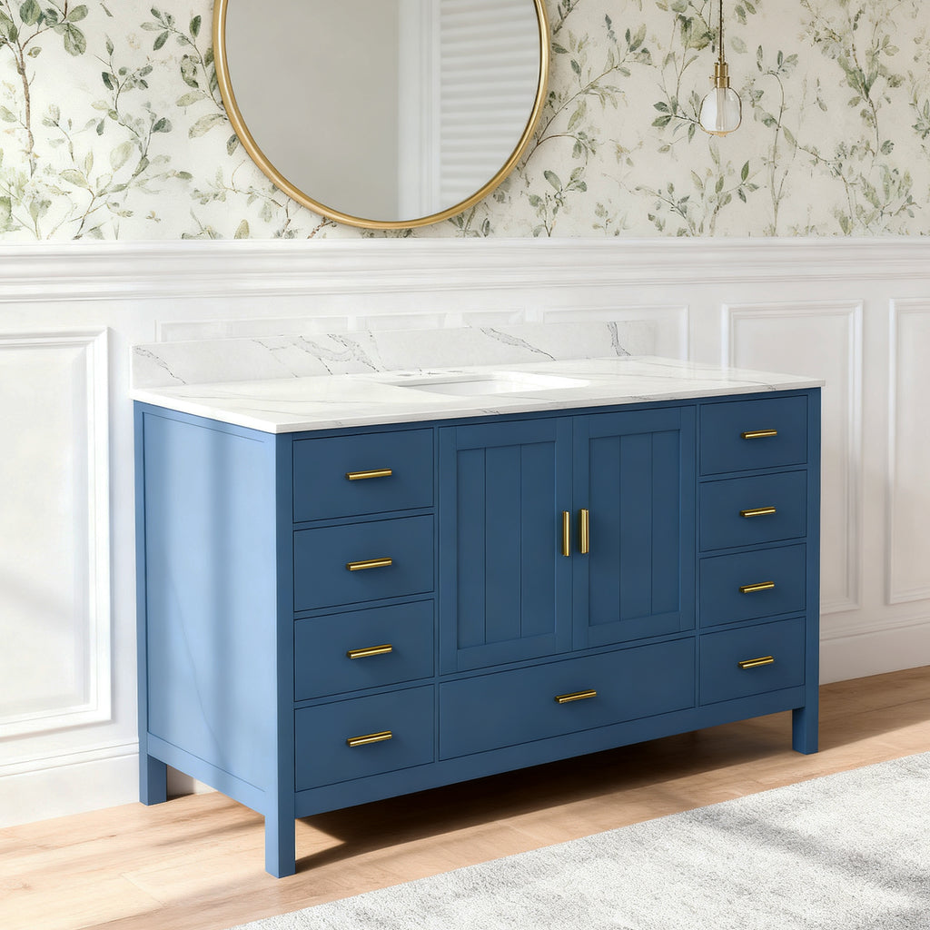 60" Modern Solid Wood Bathroom Vanity with Sink, 61" Carrara