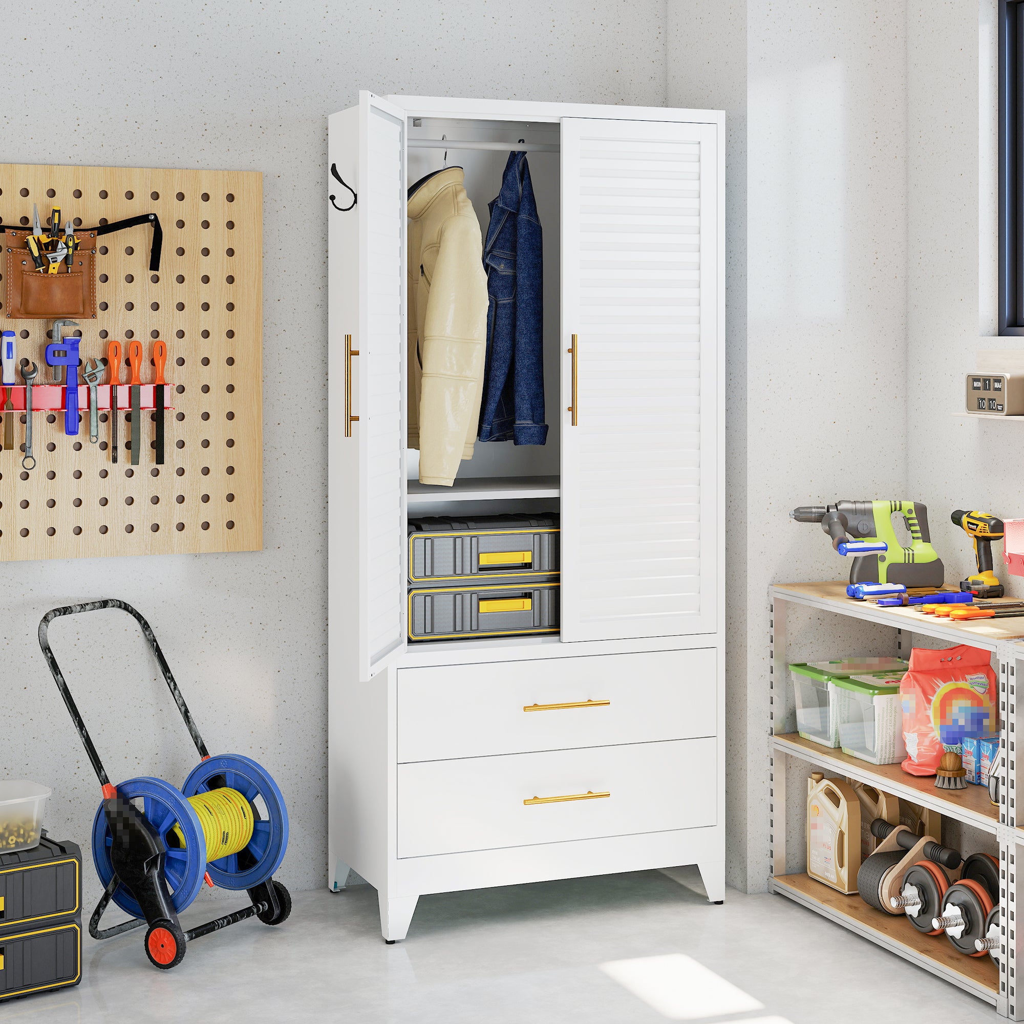 White Metal Wardrobe Closet with 2 Doors and Drawers