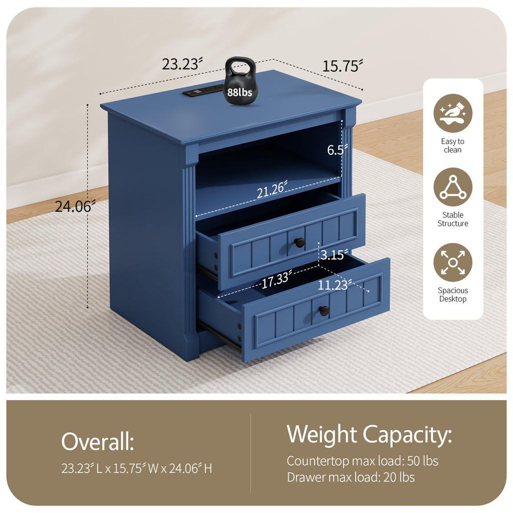 Dusty Nightstand with Charging Station, 2-Drawer, Aged Blue