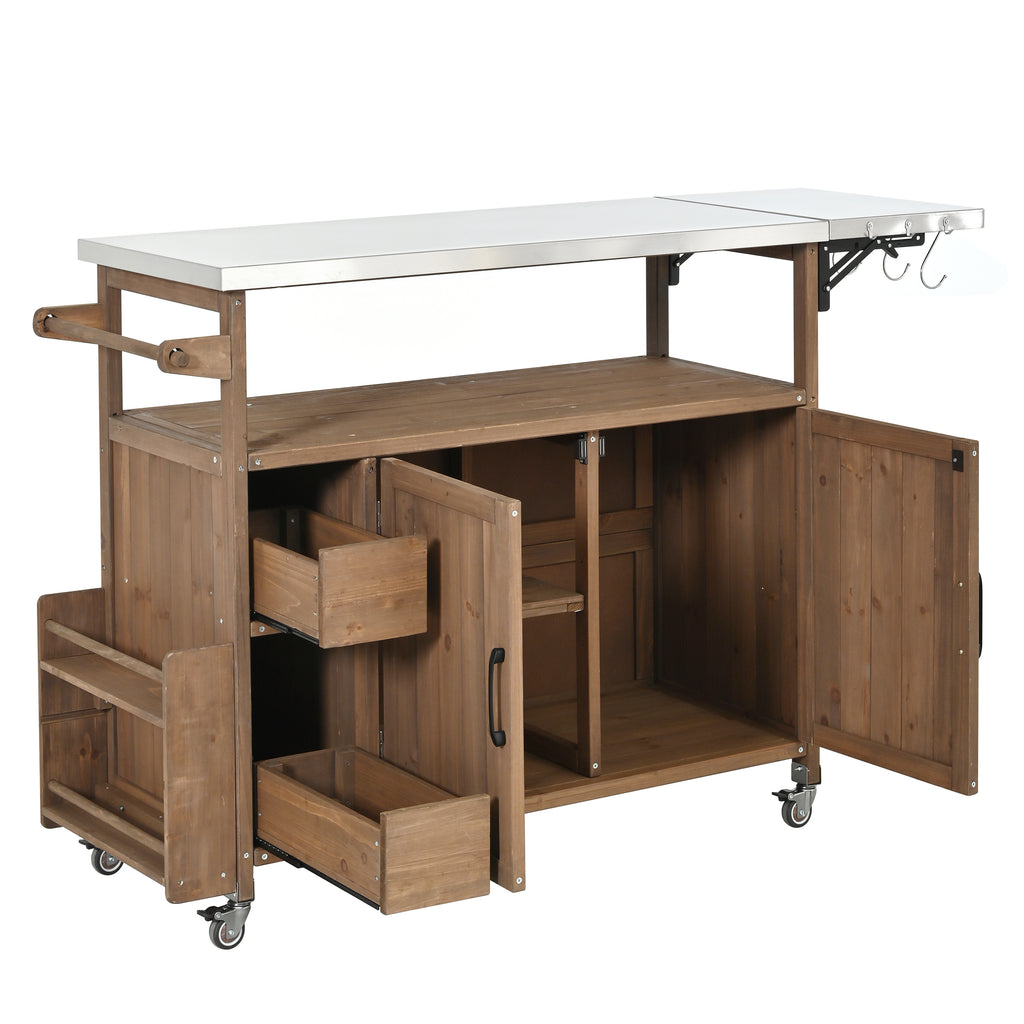 54.33" Farmhouse Rolling Outdoor Kitchen Cart, Solid Wood Frame with Stainless Steel Top, Spice Rack, Towel Rack, Lockable Wheels & Multi-Functional Storage for Patio, Backyard BBQ & Kitchen
