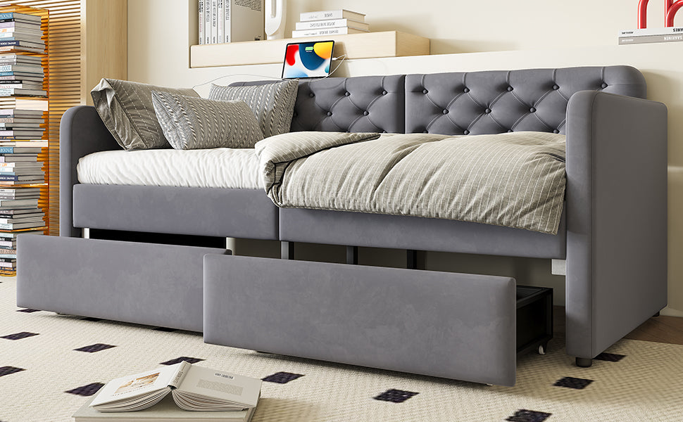 Twin Size Upholstered Daybed with Storage Drawers