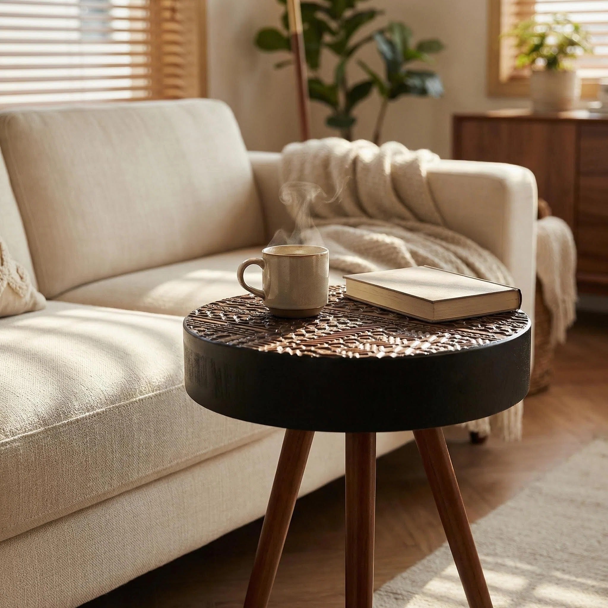 15.7" Round Small Drink Table with Solid Wood Legs