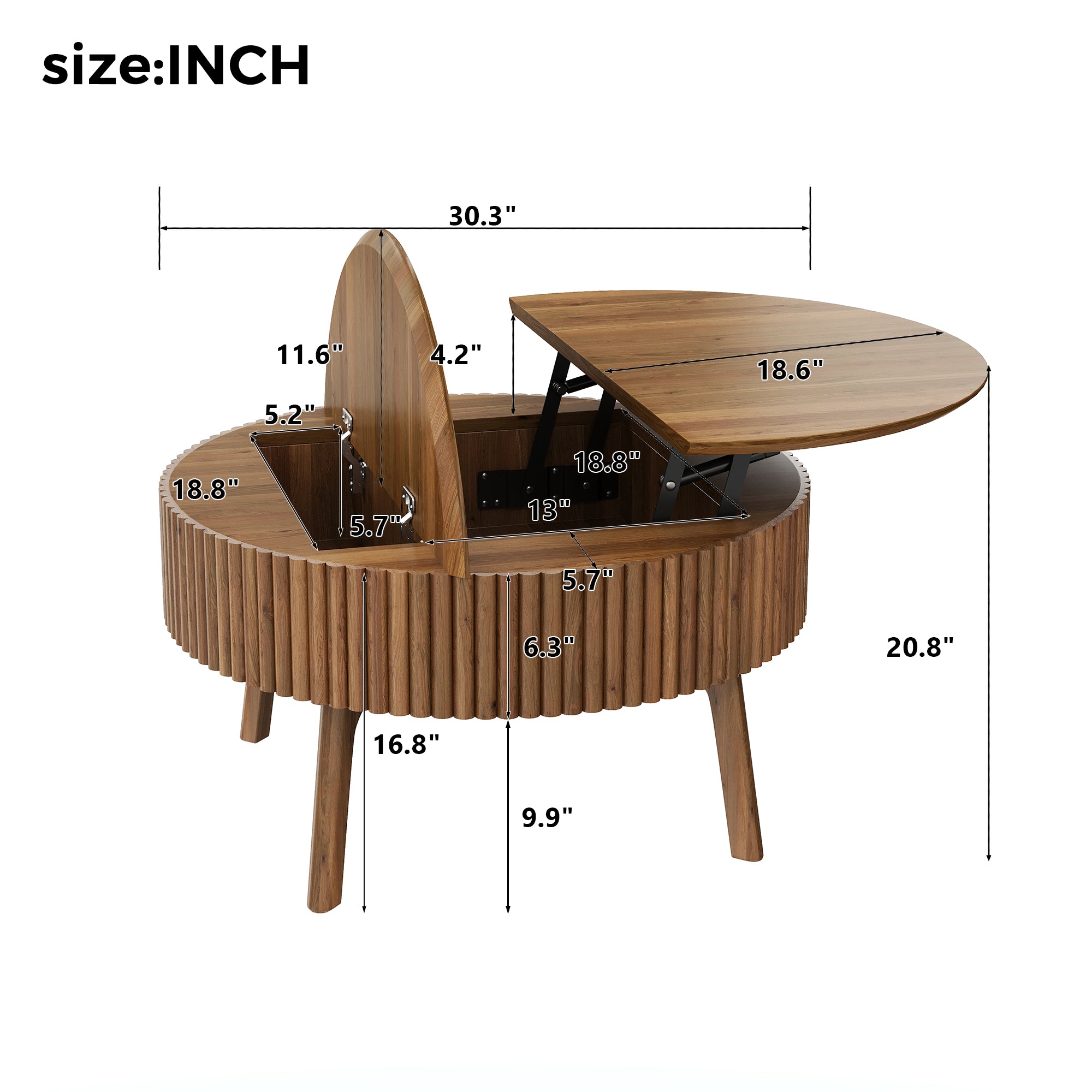 Modern Round Lift-Top Coffee Table with Half Flip-Top & Hidden Storage
