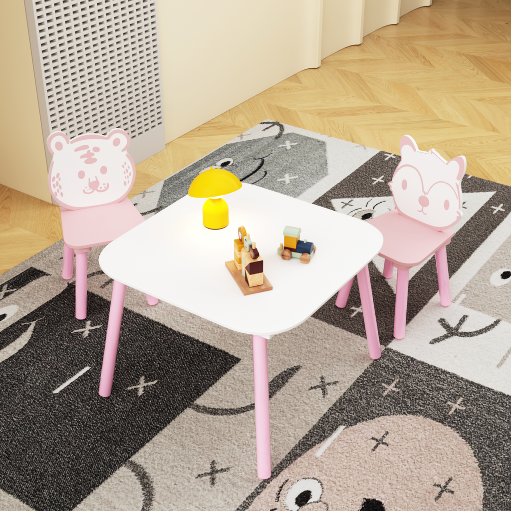 Kids Table and Chair Set, 3-Piece Wooden Toddler Desk with Animal Backrest