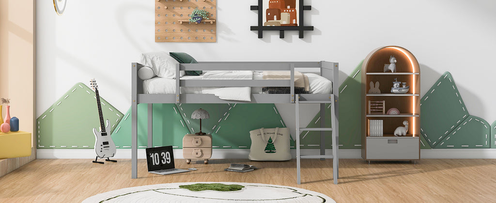 Full Size Wood Low Loft Bed with Ladder