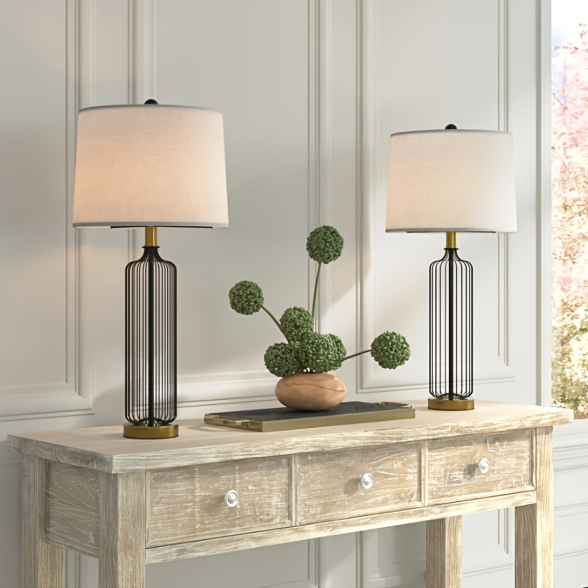 Cage Table Lamp Set of 2, 28 Inches Tall, 3-Way Dimmable, Black Metal