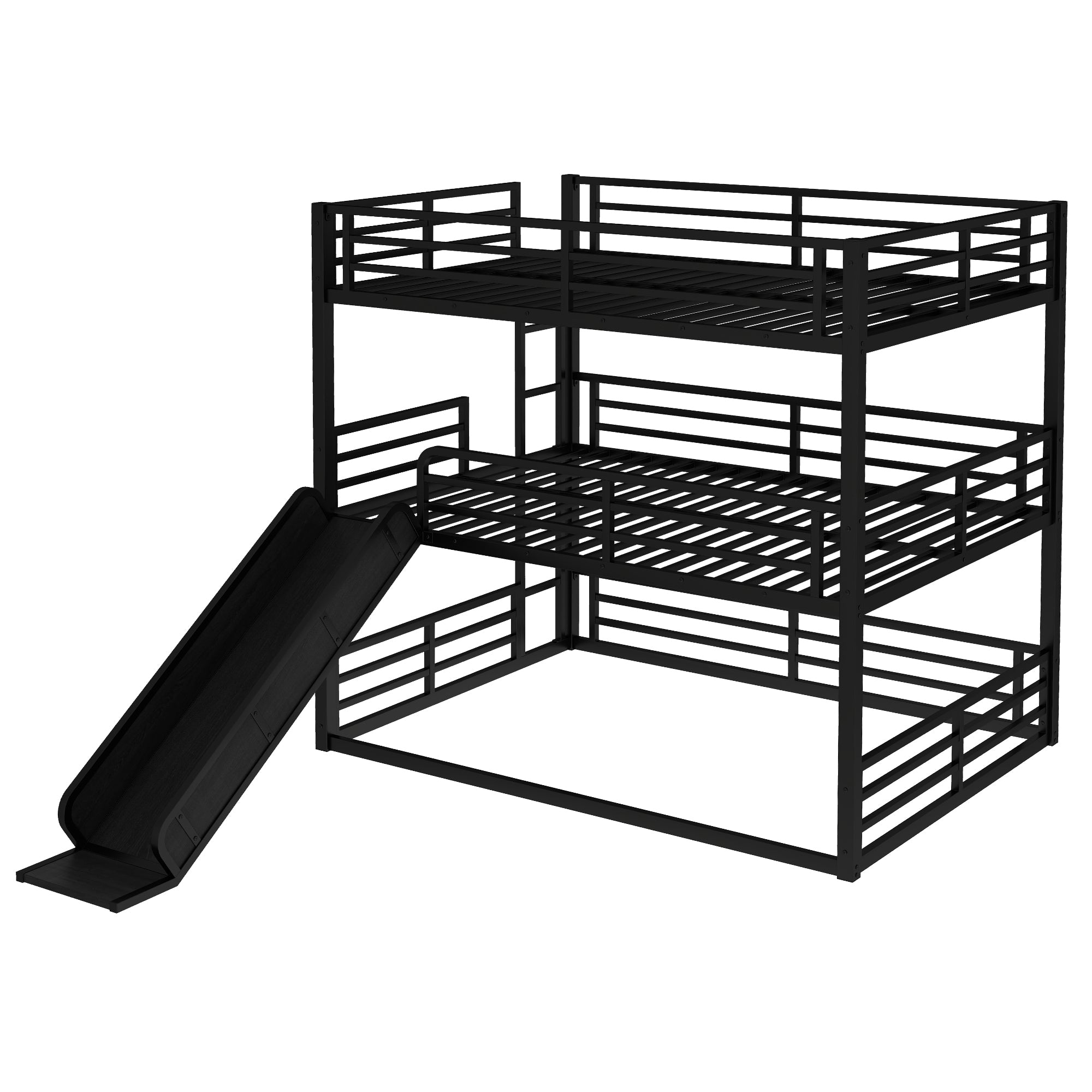 Queen Over Queen Over Queen Bunk Bed with Slide