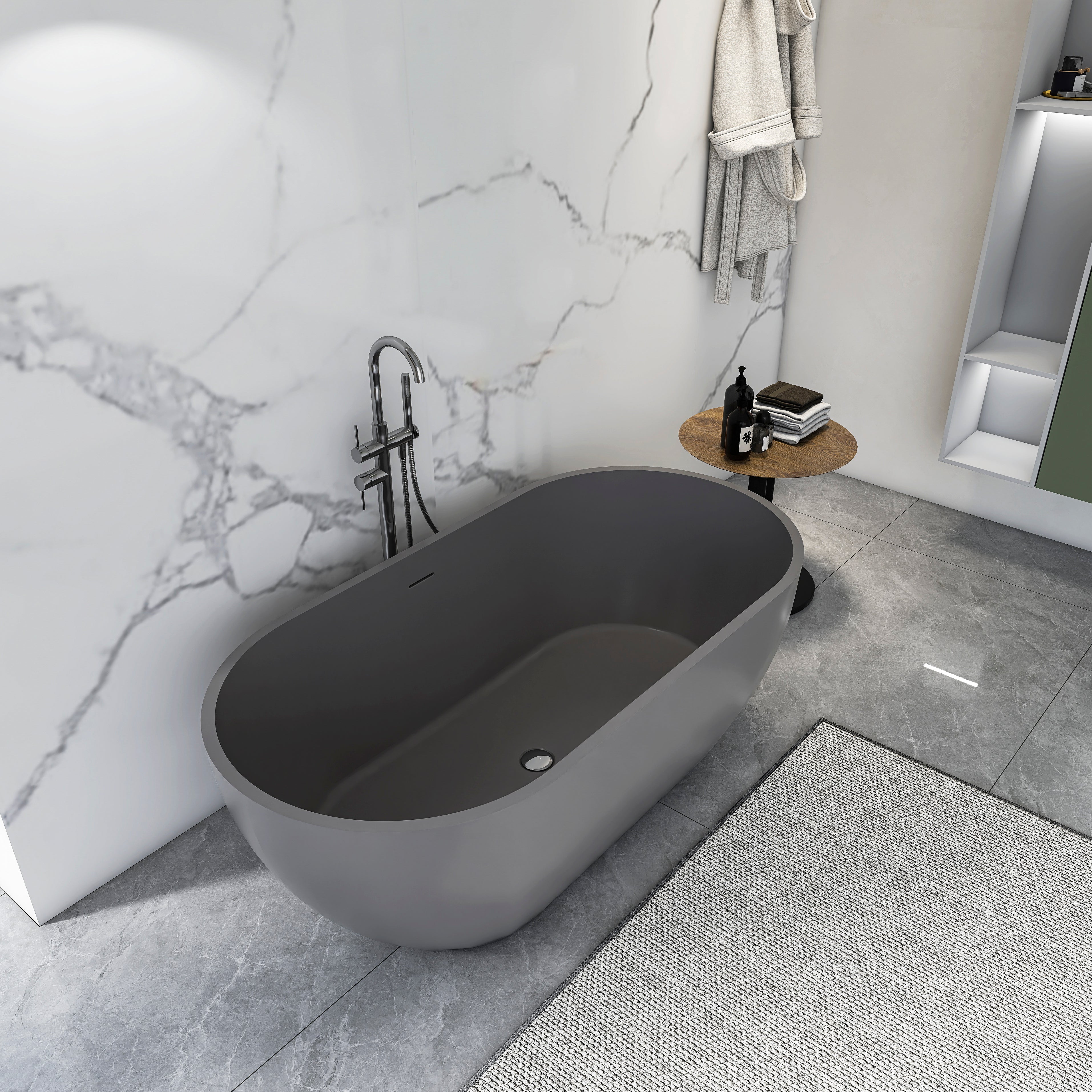 63 Inch Solid Surface Oval Shape Freestanding Bathtub