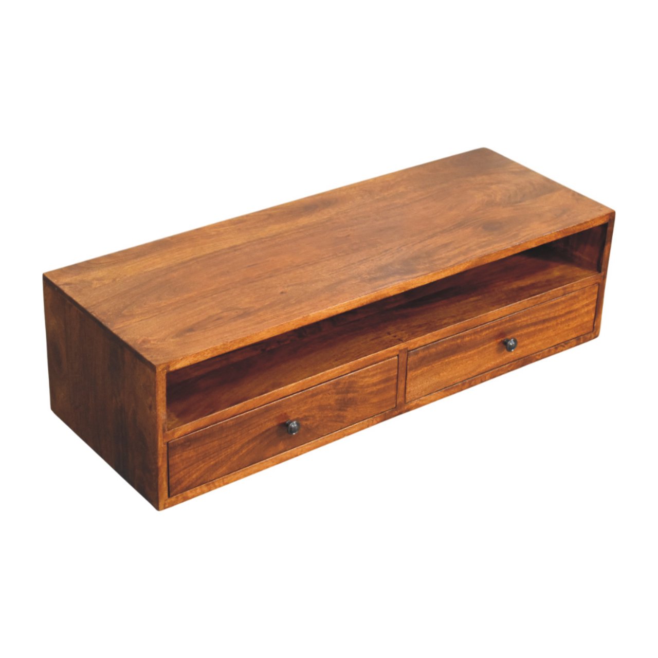 Solid Wood Lunar Wall-Mounted Media Unit, 2 Drawers, Chestnut
