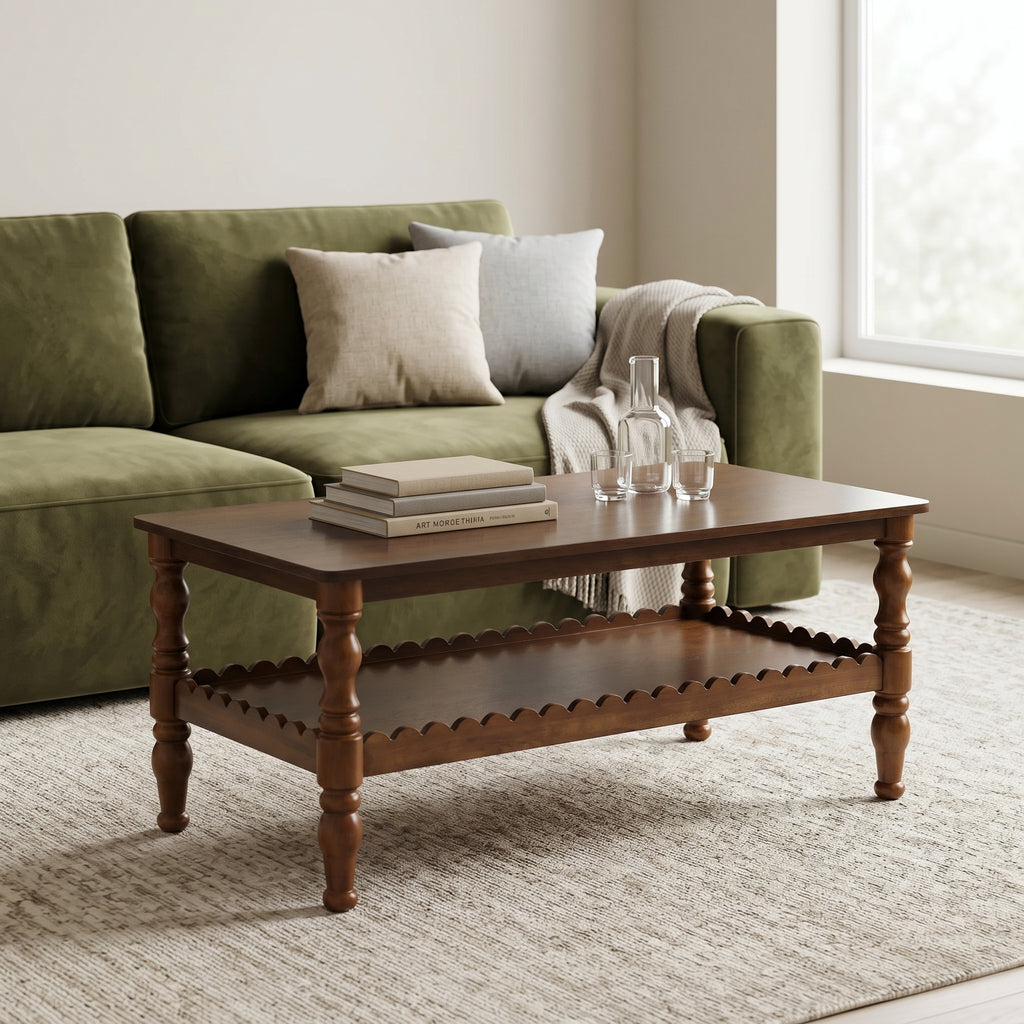 Rectangle Coffee Table Solid Wood Coffee Table with Storage Shelf,Farmhouse 2-Tier Center Table Lacquered Classical Legs,Easy Assembly Apartment Center Sofa Table  for Living Room