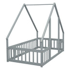 Twin Wood House-Shaped Floor Bed with Fence, Guardrails