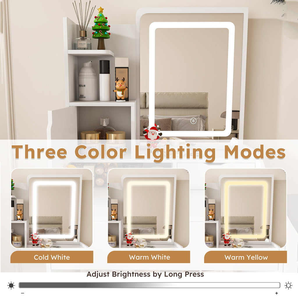 3-Color LED Vanity Mirror with Stool, Dressing Table for Bedroom