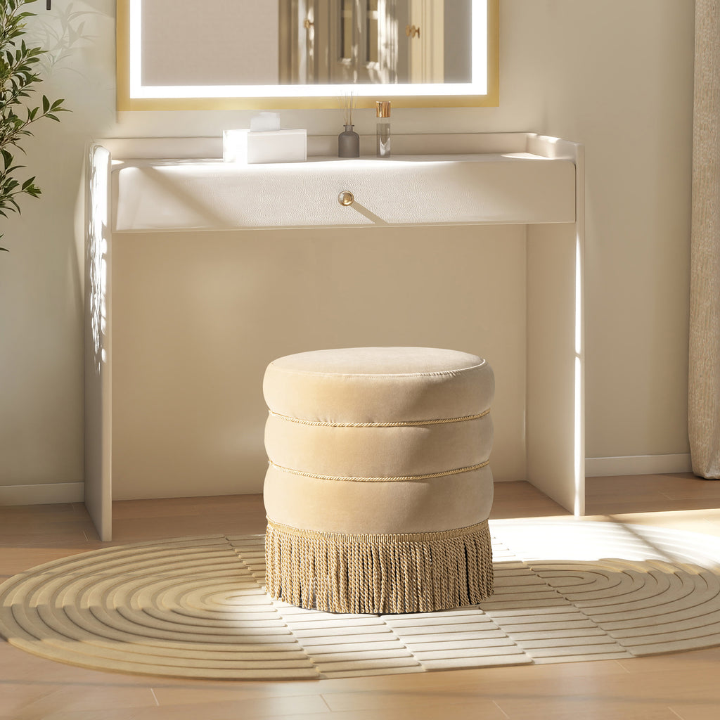 Edward 17.5" Round Upholstered Ottoman with Bullion Fringe Fawn