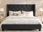 Modern Queen Size Platform Bed Frame with Tufted Velvet Headboard