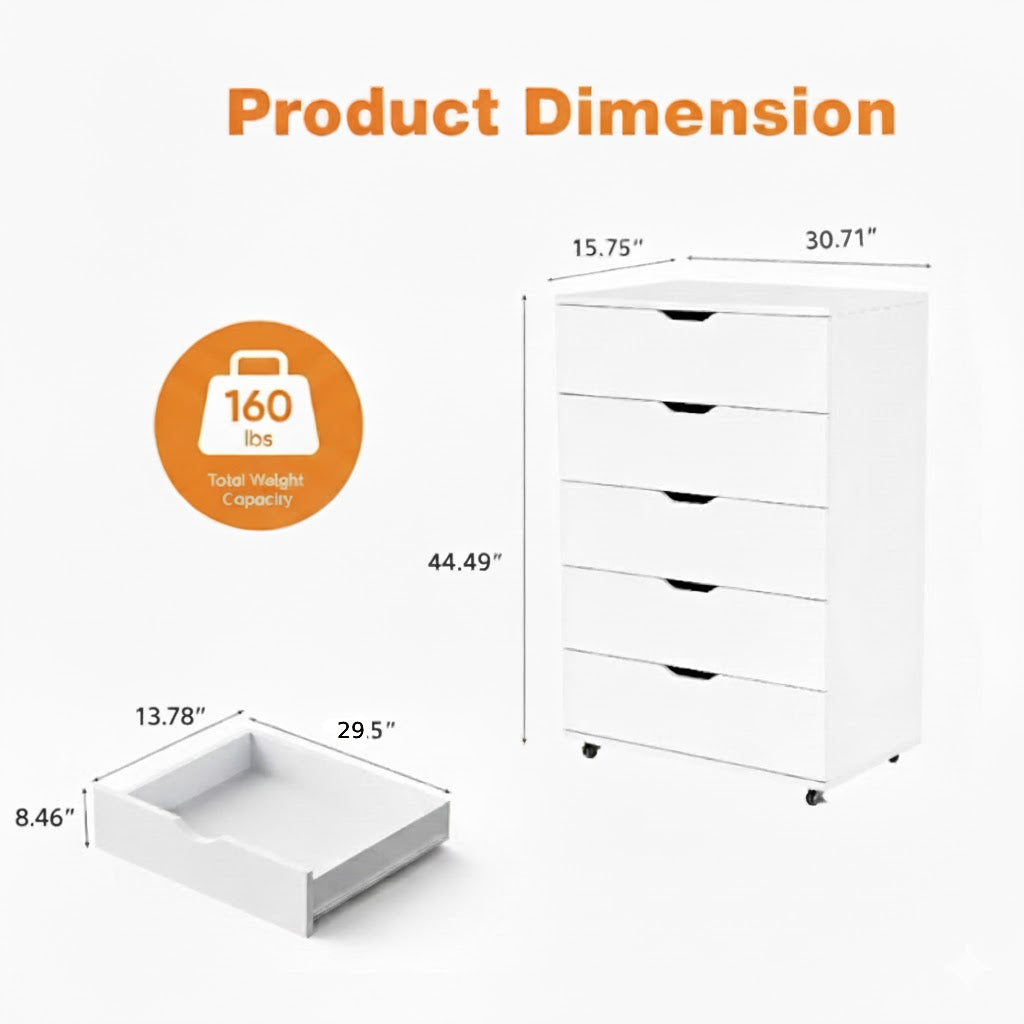 White 5-Drawer Dresser with Wheels – Modern Storage Cabinet
